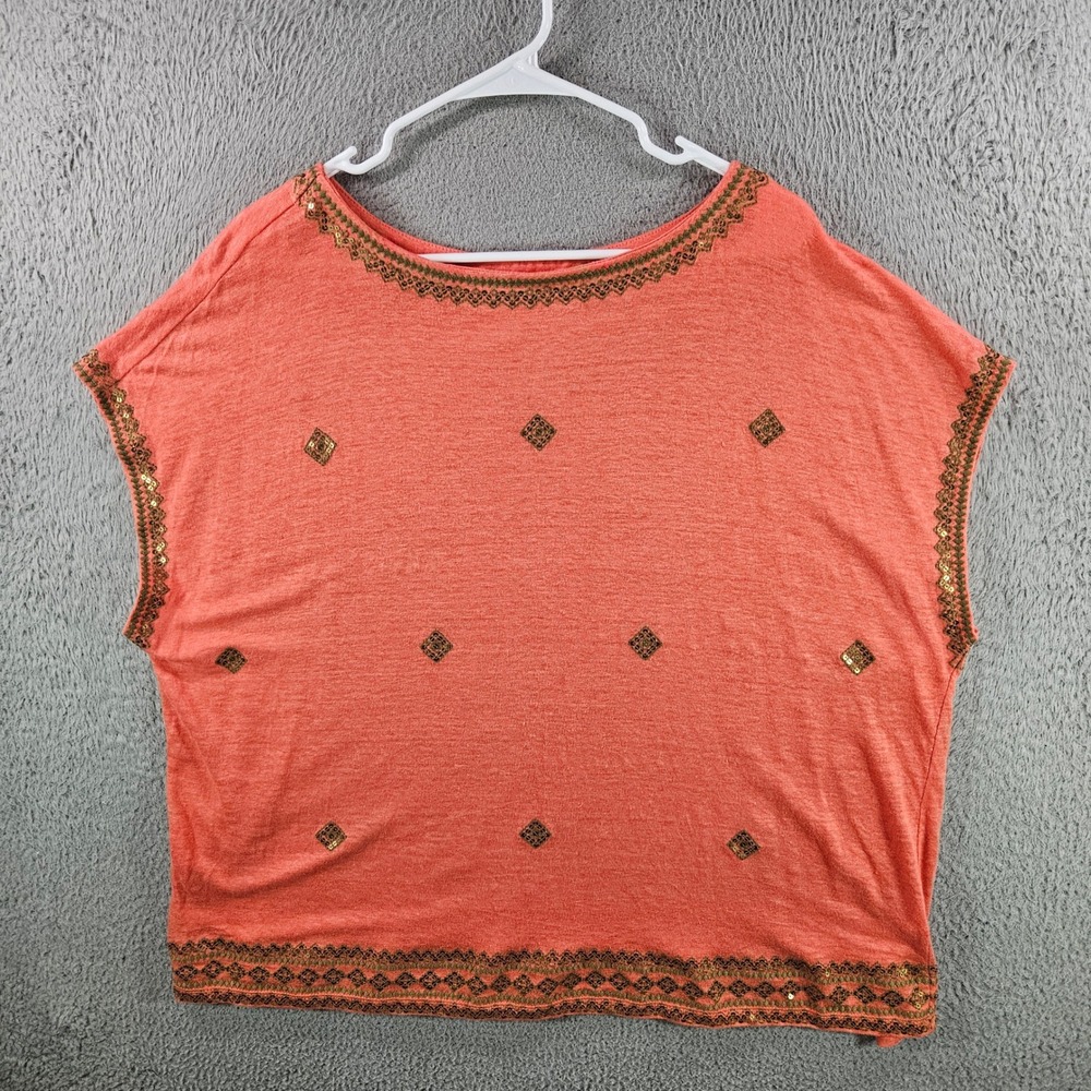 J. Jill Love Linen Coral Orange Sequin Embroidered Knit Top 3X Womens